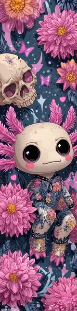 Free kawaii axolotl bookmark featuring a skull with kawaii axolotl